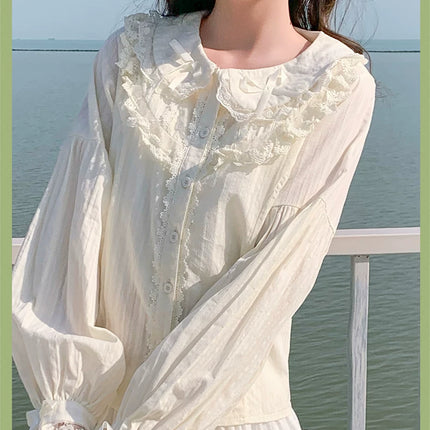 Lace - adorned Long - sleeved Blouse with Fluffy Cuffs, Exuding Delicate Femininity