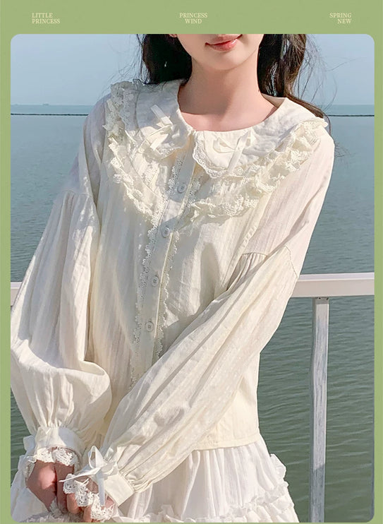 Lace - adorned Long - sleeved Blouse with Fluffy Cuffs, Exuding Delicate Femininity