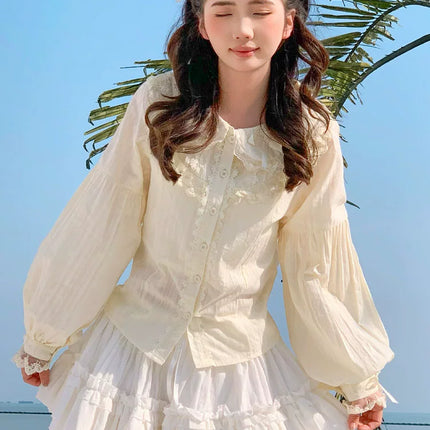 Lace - adorned Long - sleeved Blouse with Fluffy Cuffs, Exuding Delicate Femininity