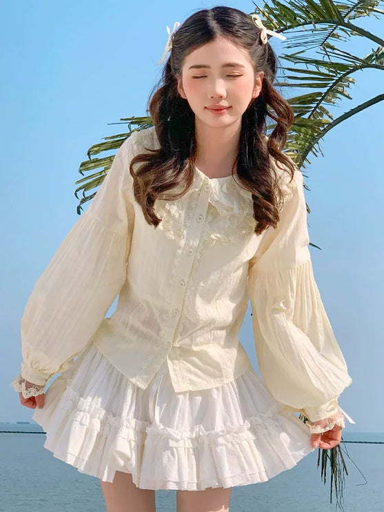 Lace - adorned Long - sleeved Blouse with Fluffy Cuffs, Exuding Delicate Femininity