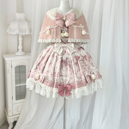 Lolita Capelette Dress Set with Bow - detail and Lace Trim, Pastel Pink and White Color Scheme