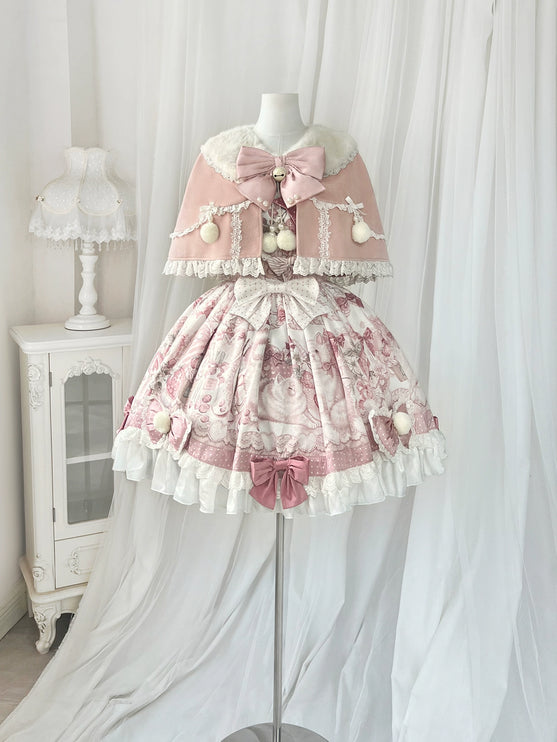 Lolita Capelette Dress Set with Bow - detail and Lace Trim, Pastel Pink and White Color Scheme
