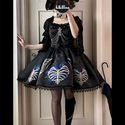 S-XL Skeleton Fishbone Skirt JSK Embroidered Beaded Dark Mysterious Dress Lolita Gown