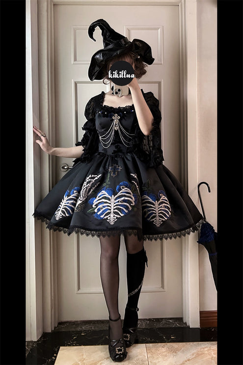 S-XL Skeleton Fishbone Skirt JSK Embroidered Beaded Dark Mysterious Dress Lolita Gown