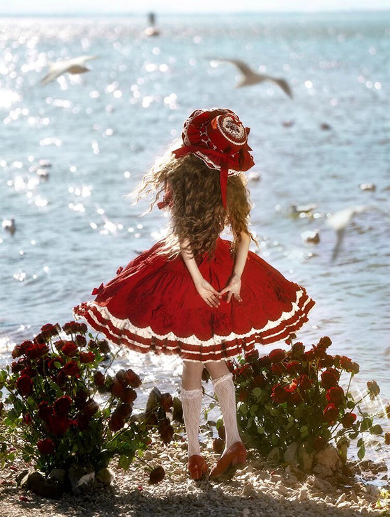 Elegant Country Style Red Lolita OP with Whimsical Embroidery and Ruffled Trims