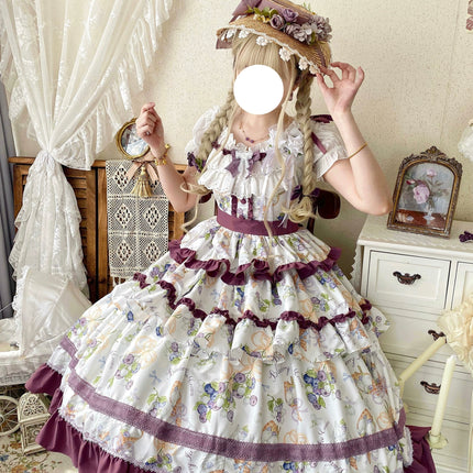 Pastel - hued Vintage - inspired Lolita Dress with Delicate Ruffles and Adorable Cartoon Prints