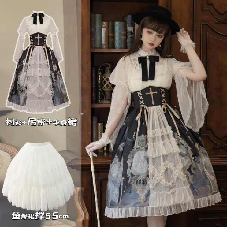 Victorian Gothic Lolita 4-Piece Set, Skirt with Baroque Print and Cross Lace