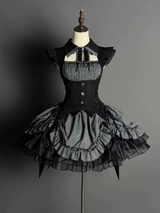 Gothic Lolita Dress with Ruffled Hem and Corset Detail