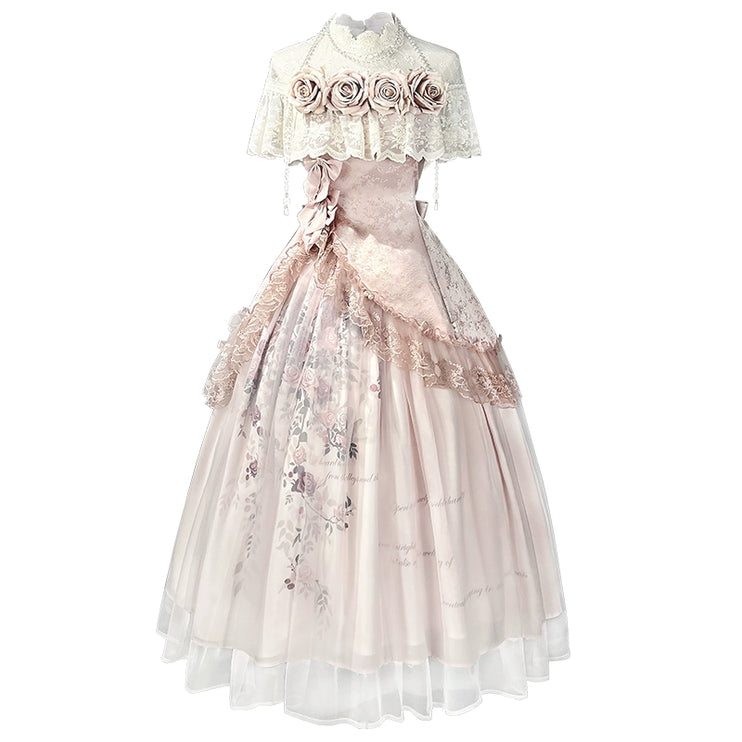 Vintage - inspired Pink Tea - length gown with Floral Lace and Tulle Layers, set for spring and summer