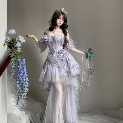 Dreamy Lavender Lolita Gown with Floral Embellishments, Layered Tulle Skirt
