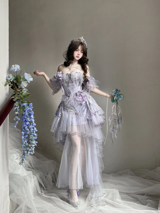 Dreamy Lavender Lolita Gown with Floral Embellishments, Layered Tulle Skirt