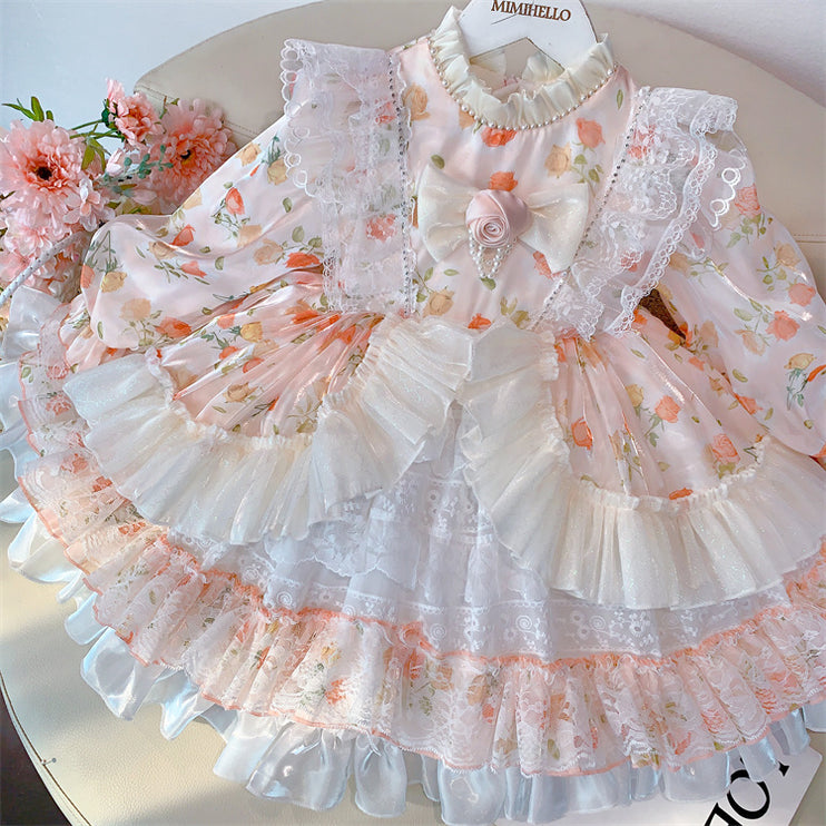 Charming Pastel Pink Lolita Dress for Girls - Floral Embellished, Multi-Layered Skirt