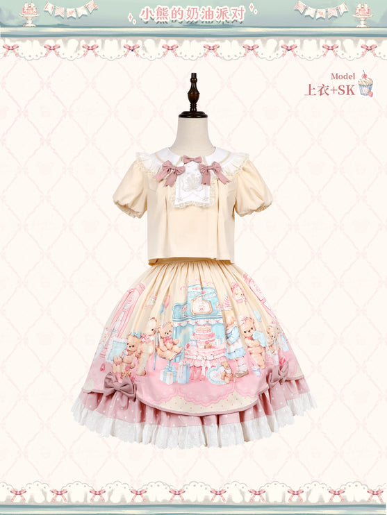 Teddy Bear's Cream Party Sweet Lolita JSK with Lace and Ribbon Accents