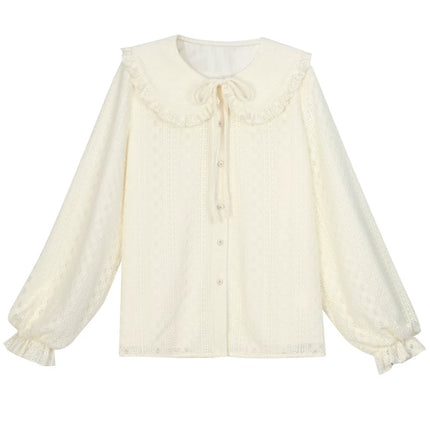 Romantic Ruffled Peter Pan Blouse, Sweet Bear Patch & Cookie Pocket Cozy Plaid Cardigan