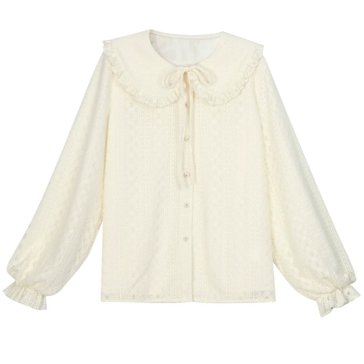 Romantic Ruffled Peter Pan Blouse, Sweet Bear Patch & Cookie Pocket Cozy Plaid Cardigan