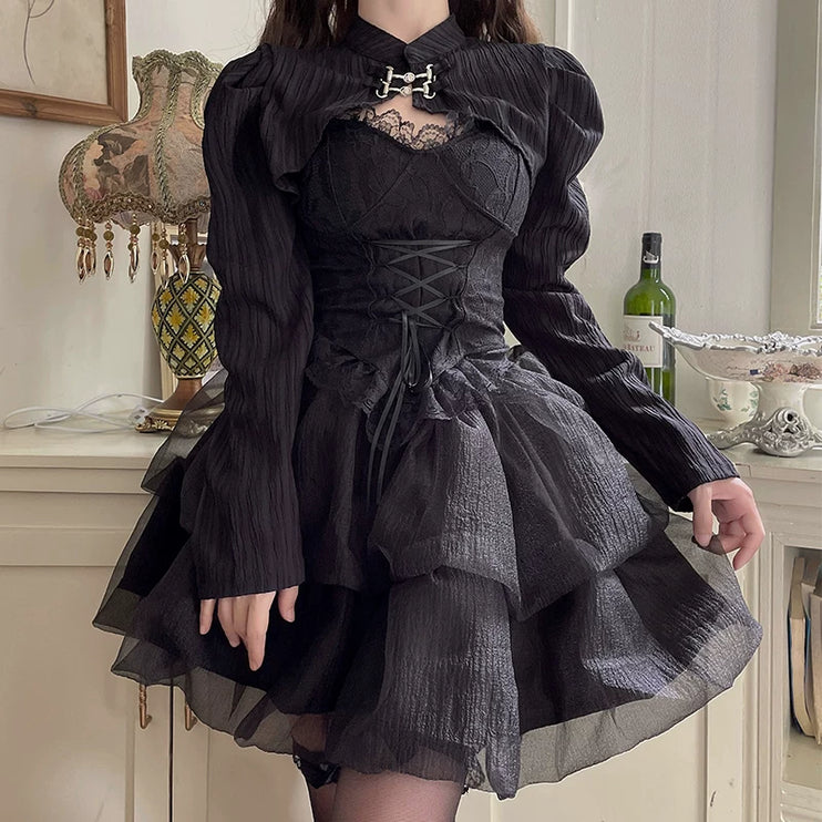 Black Gothic Lolita Dress with Corset Front, Puffy Sleeves & Tulle Layers for Girly Charm