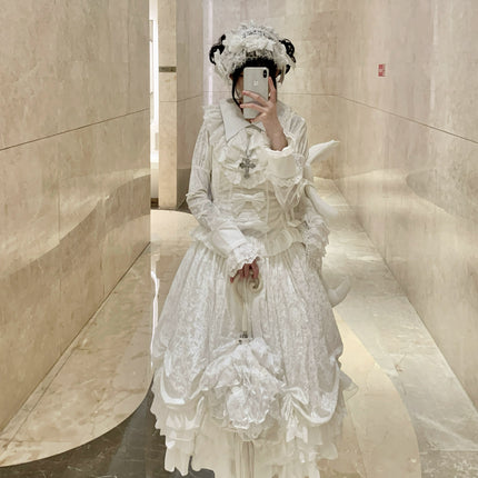 Ivory Velvet Duchess Lolita Set - Elegant Long-Sleeve Top and Layered Skirt Ensemble