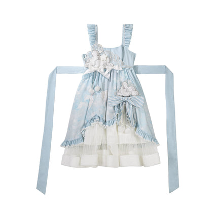 Lolita Dress with Fluffy Ears Headband - Sweet Pastel Blue and White Princess - Style Cosplay Costume
