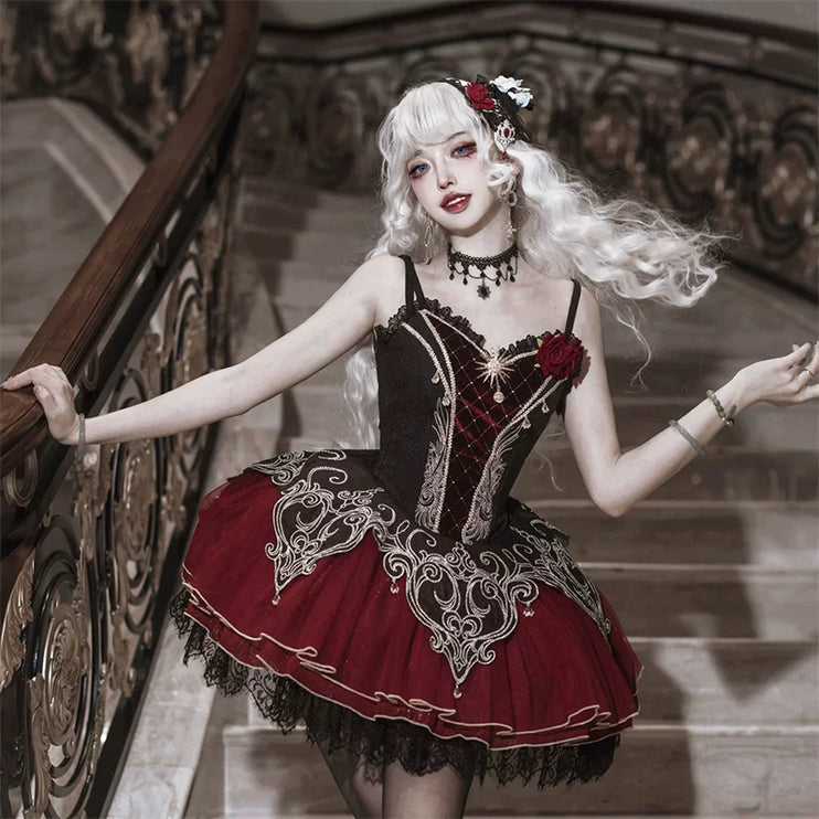 Gothic - Lolita Dress: Red & Black Elegance with Intricate Embroidery and Fluffy Sleeves