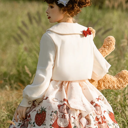 Christmas Teddy Bear Lolita JSK –New Year's Festive Strawberry Print Lolita Dress with Red Bow Accents