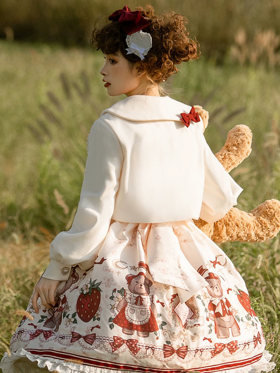 Christmas Teddy Bear Lolita JSK –New Year's Festive Strawberry Print Lolita Dress with Red Bow Accents