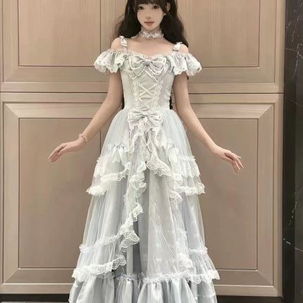 Off - the - shoulder Lolita Gown with Intricate Lace and Multiple Tiers of Ruffles