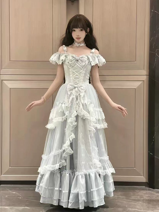Off - the - shoulder Lolita Gown with Intricate Lace and Multiple Tiers of Ruffles