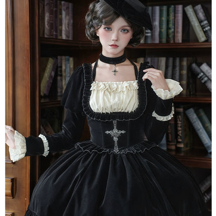 Square Neck Waist Boned Velvet OP Lolita (Gemini Winter Collection)