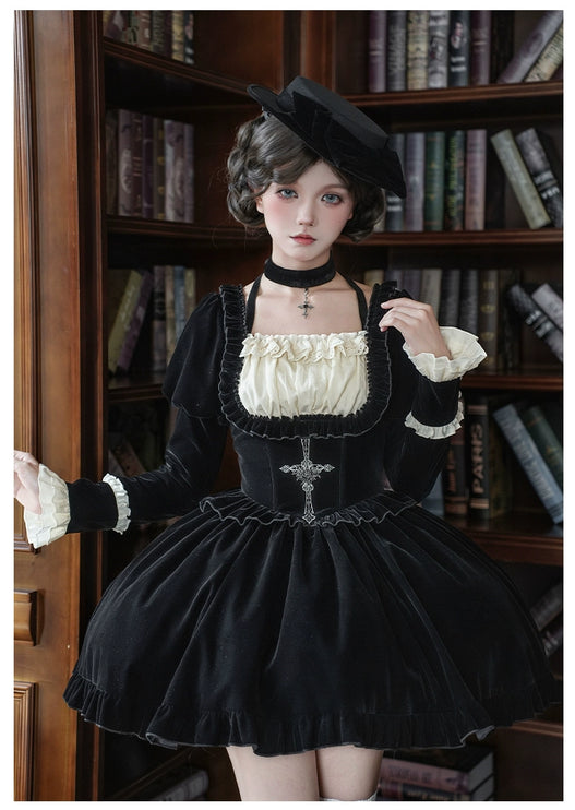 Square Neck Waist Boned Velvet OP Lolita (Gemini Winter Collection)