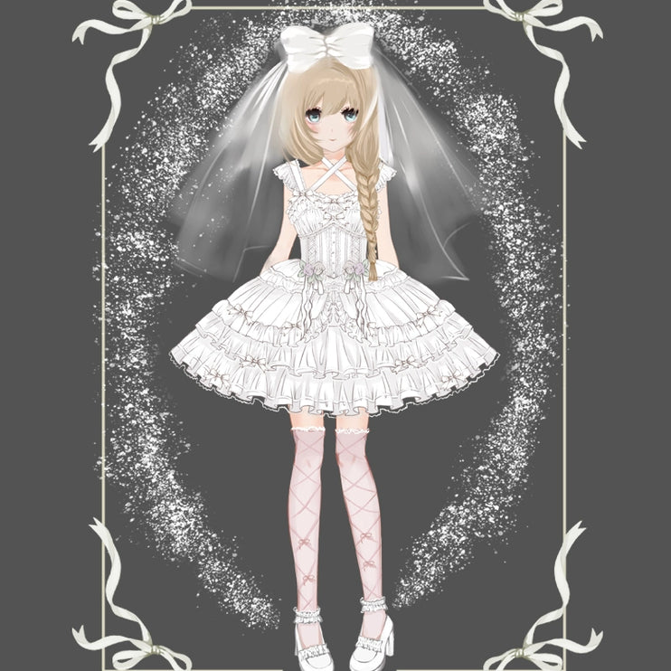 Elegant, lightweight wedding-style Lolita dress with a ballet-girl silhouette and ruffled details, inspired by cotton-candy motifs