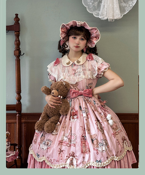 Teddy Bear Whimsy Lolita JSK Dress with Detachable Apron