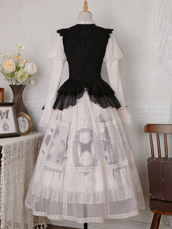 Gothic Butterfly Lolita Dress Set - High Collar Inner Layer with Lace Overlay and Waist-Cinching Vest