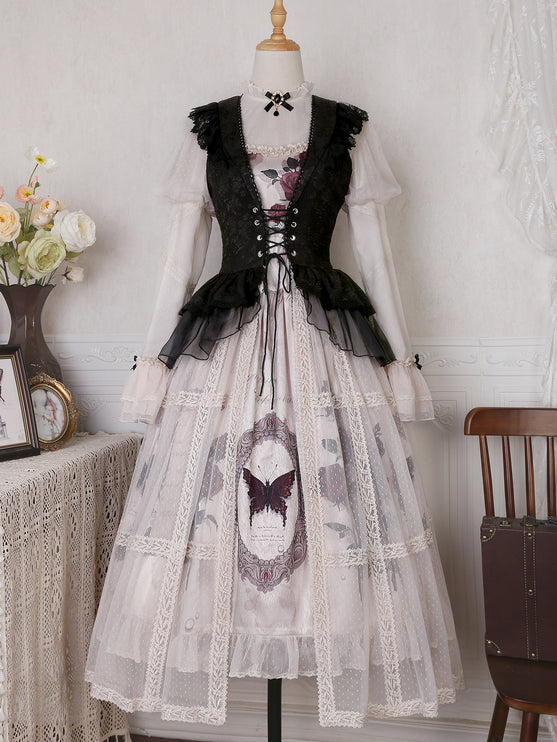 Gothic Butterfly Lolita Dress Set - High Collar Inner Layer with Lace Overlay and Waist-Cinching Vest