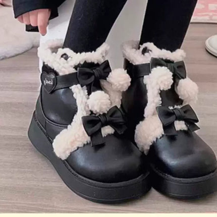 Fluffy - trimmed Ankle Boots with Adorable Bows, Ultra - cozy & Stylish
