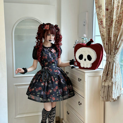 S-2XL Cherry Blossom Delight Lolita Dress – Sweet Vintage Print JSK/OP in Black, Red, Gray & White