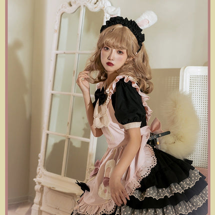 Sweet Pink Lolita Apron with Puff Sleeves OP Maid Lolita Dress