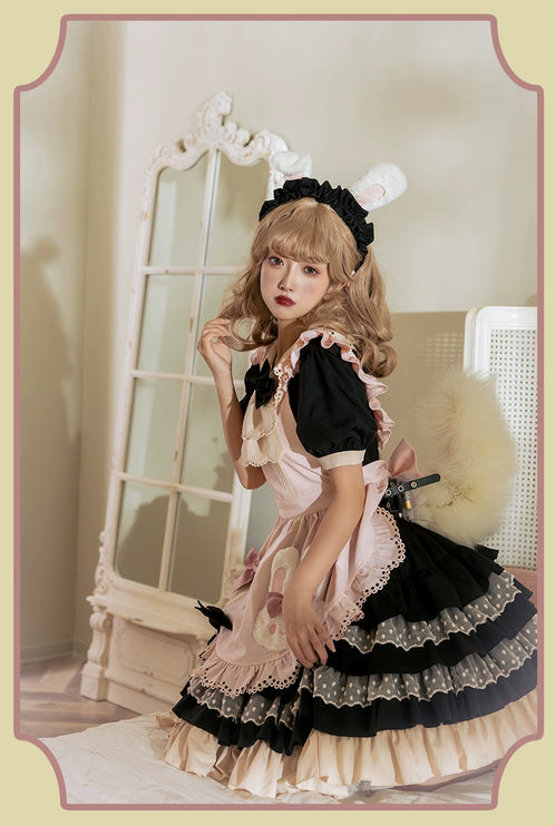 Sweet Pink Lolita Apron with Puff Sleeves OP Maid Lolita Dress