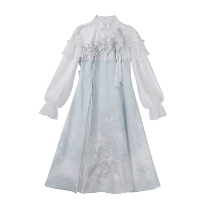 Light - blue Traditional Chinese - style Dress with Delicate Floral Embroidery and Sheer Sleeves