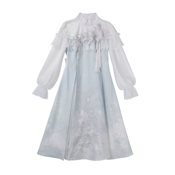 Light - blue Traditional Chinese - style Dress with Delicate Floral Embroidery and Sheer Sleeves
