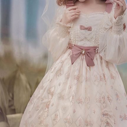Elegant Cream Lolita Dress with Floral Embroidery and Ruffled Skirt