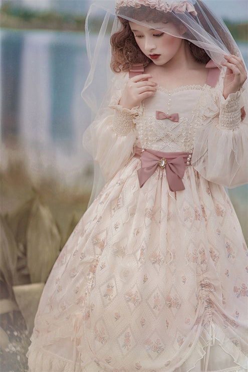 Elegant Cream Lolita Dress with Floral Embroidery and Ruffled Skirt