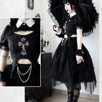 Gothic Black Rose Embroidery Cut-Out Blouse with Asymmetrical Lolita Dress Set