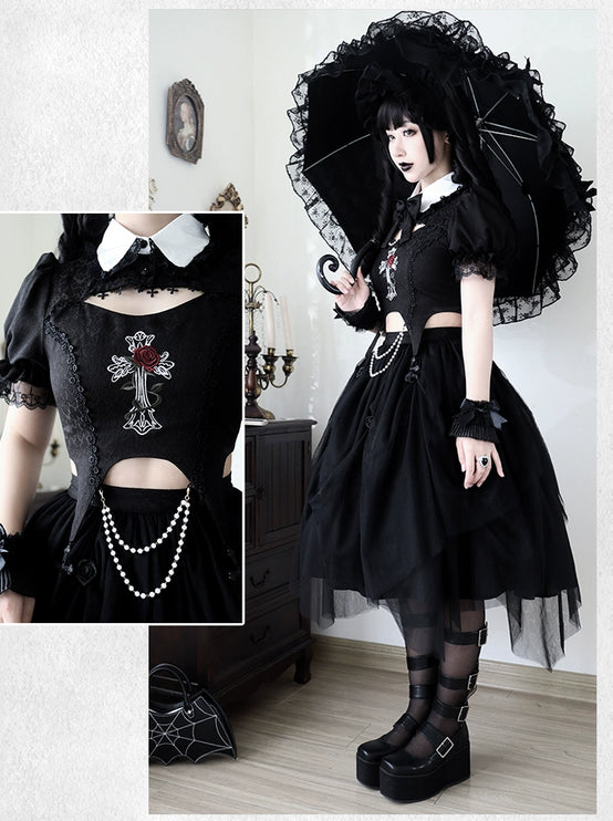 Gothic Black Rose Embroidery Cut-Out Blouse with Asymmetrical Lolita Dress Set