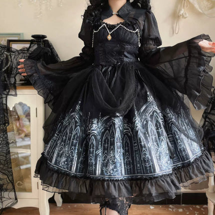 [Silent Night Church] Dark Gothic Elegance Lolita Dress with Lace and Pearl Accents