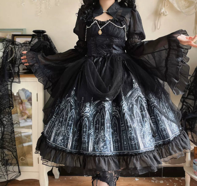 [Silent Night Church] Dark Gothic Elegance Lolita Dress with Lace and Pearl Accents