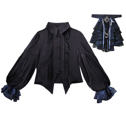 Gothic - Inspired Black and Teal Asymmetrical Long Coat with Puff Sleeves and Decorative Details