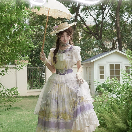 French Country Chic CLA Lolita JSK Dress – Purple & White Lace Bell Sleeve OP