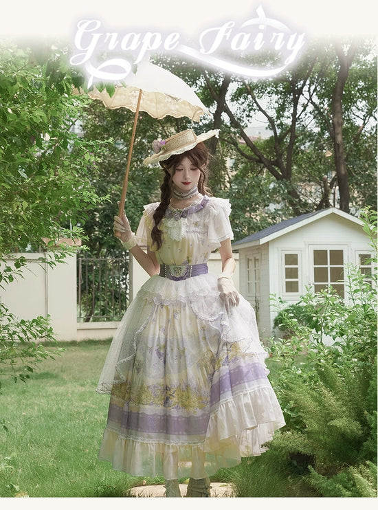 Lolita Dress - Delicate Purple - hued with Floral Patterns, Short - sleeved and Floor - length