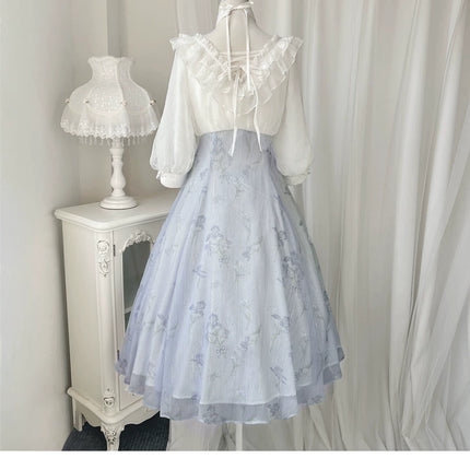 Lolita Fairy Dress! Lace Puff Sleeves + Light Blue Floral Maxi Skirt, Spring Garden Date Outfit