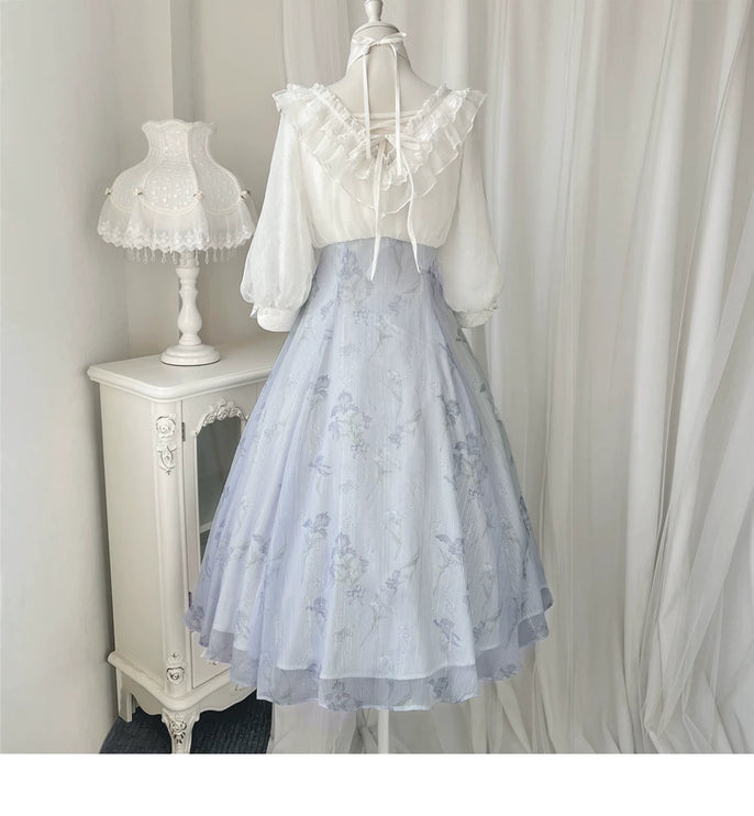Lolita Fairy Dress! Lace Puff Sleeves + Light Blue Floral Maxi Skirt, Spring Garden Date Outfit